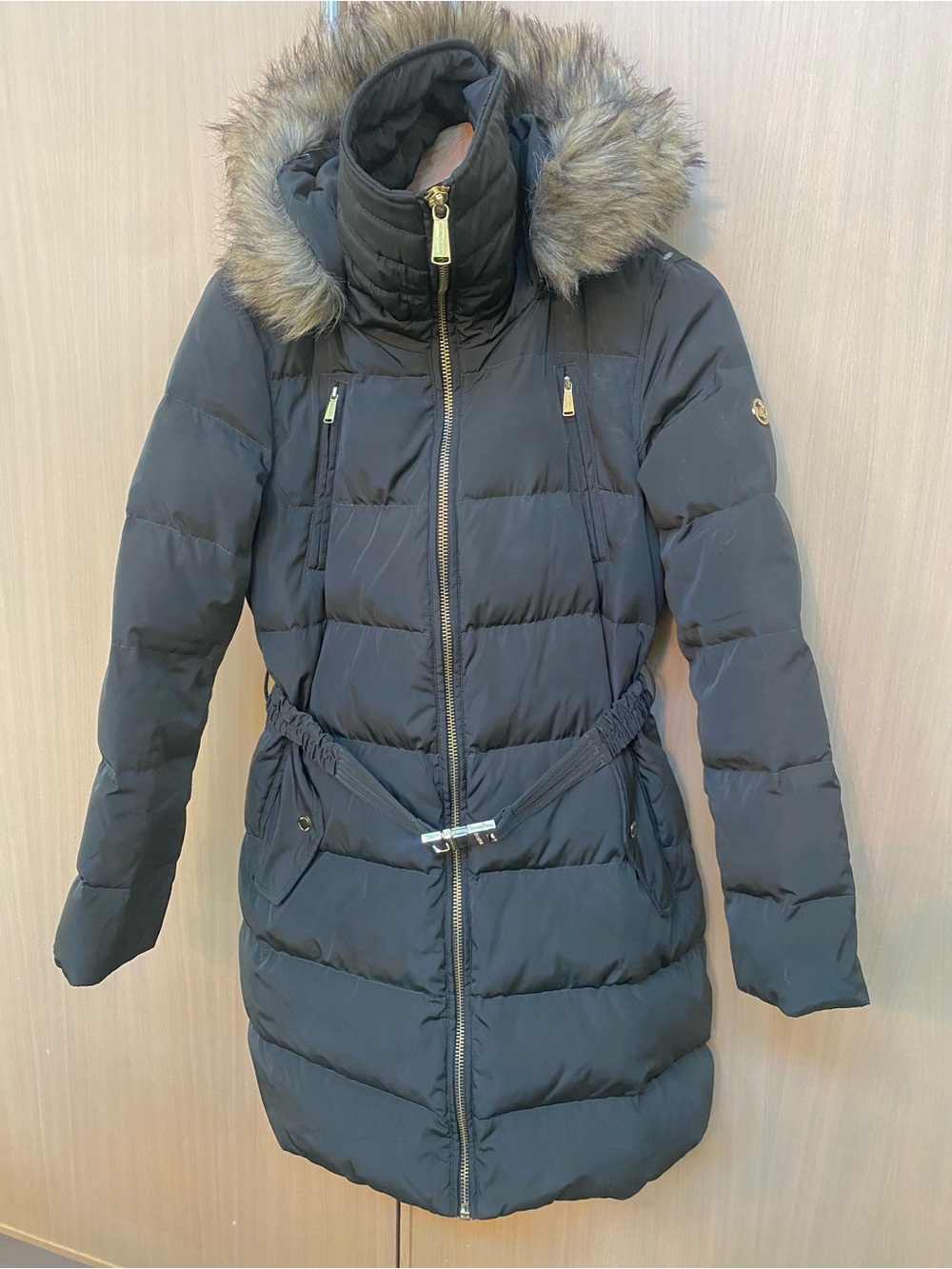 Michael Kors Black Quilted Belted Puffer Coat with Faux Fur Hood